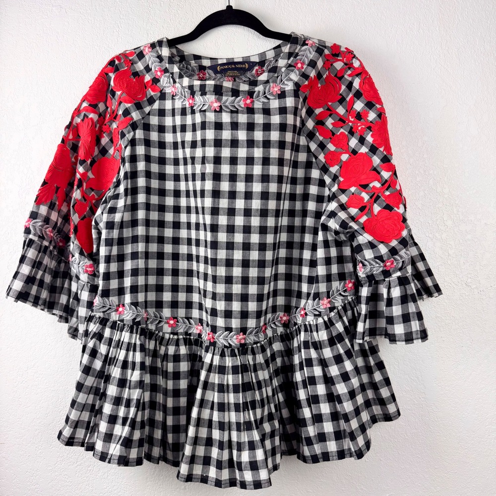 Pankaj & Nidhi Gingham Floral Applique Peplum Blouse Black White Red Large